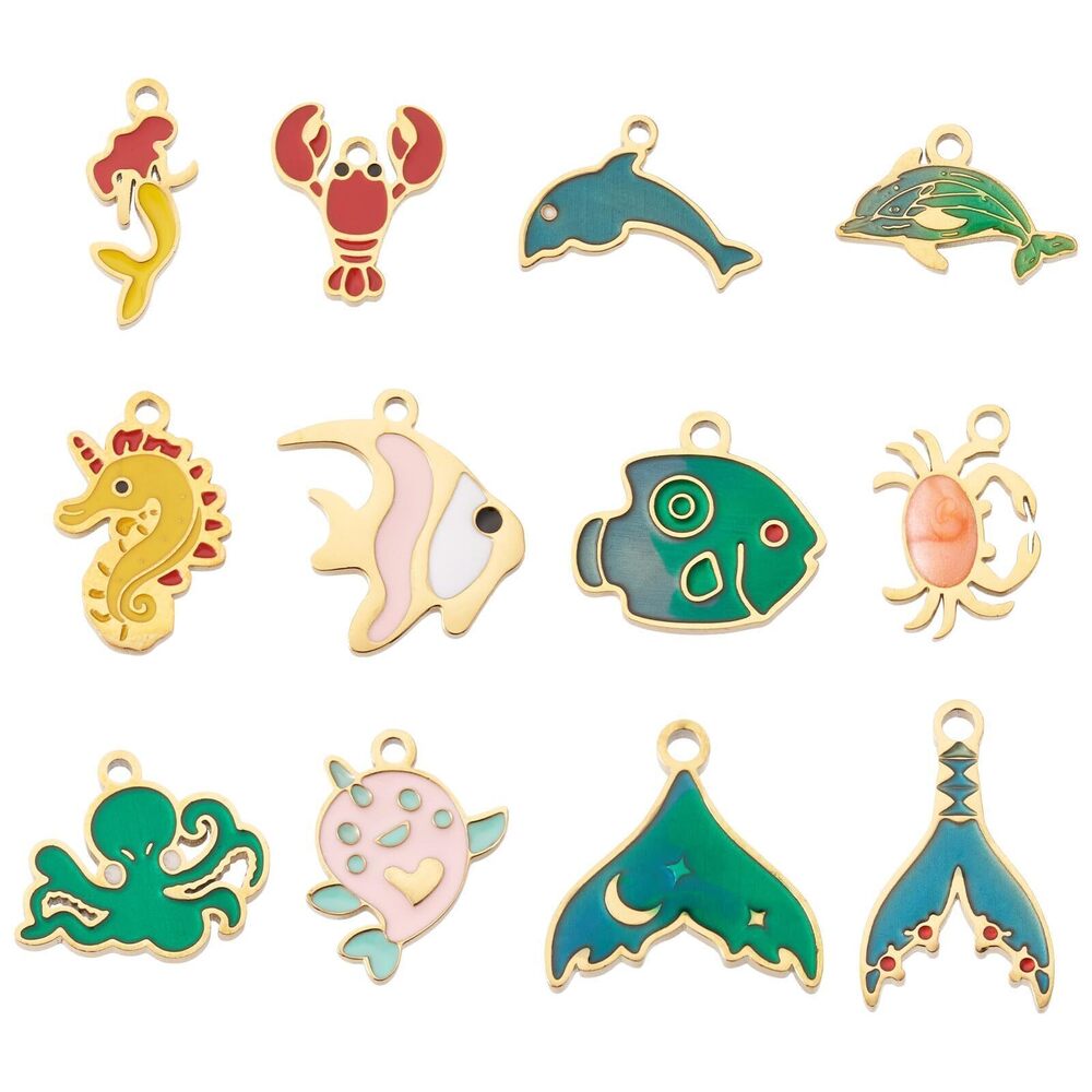 8228 12 Pcs Enamel Ocean Animals Charms Tiny Enamel Fish Lobster Octopus